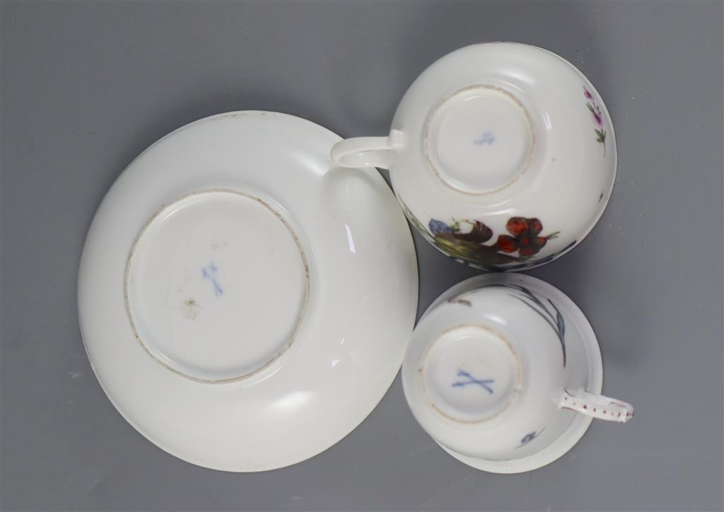 A Meissen botanical chocolate cup and a similar coffee cup and saucer, c.1740-50
